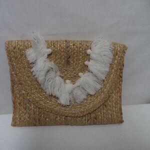 Mud Pie Straw fringe clutch purse Sprint Summer bag beige white gold